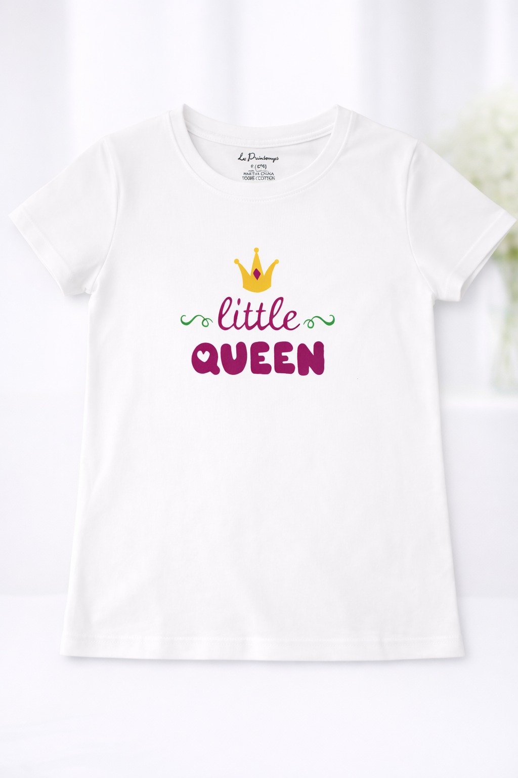 White girls half sleeve t-shirt with colorful “Little Queen” text and crown graphic design