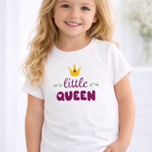 White girls half sleeve t-shirt with colorful “Little Queen” text and crown graphic design