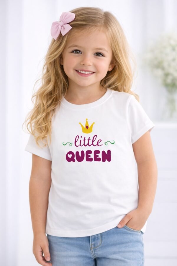 White girls half sleeve t-shirt with colorful “Little Queen” text and crown graphic design