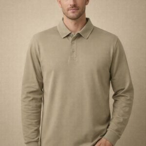 Beige long sleeve polo shirt with collar and two-button placket