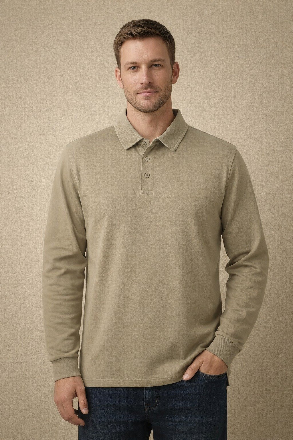 Beige long sleeve polo shirt with collar and two-button placket