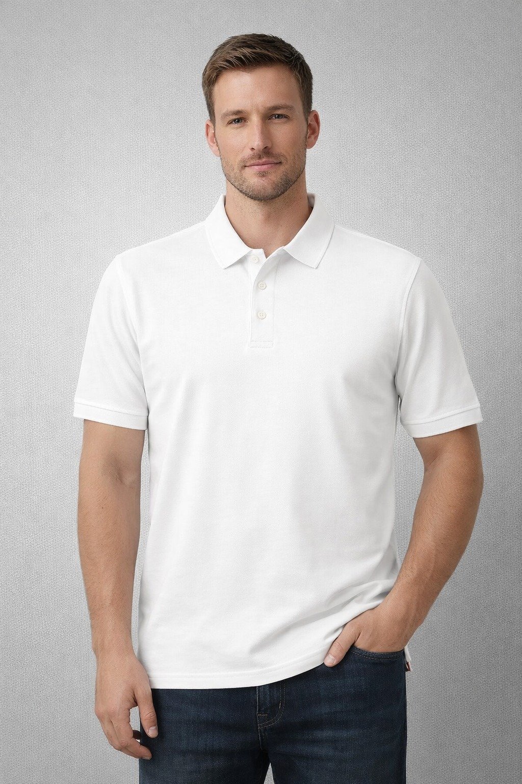 Man wearing a plain white short-sleeve polo shirt with a collar and buttons, paired with dark blue jeans, standing against a light grey background.