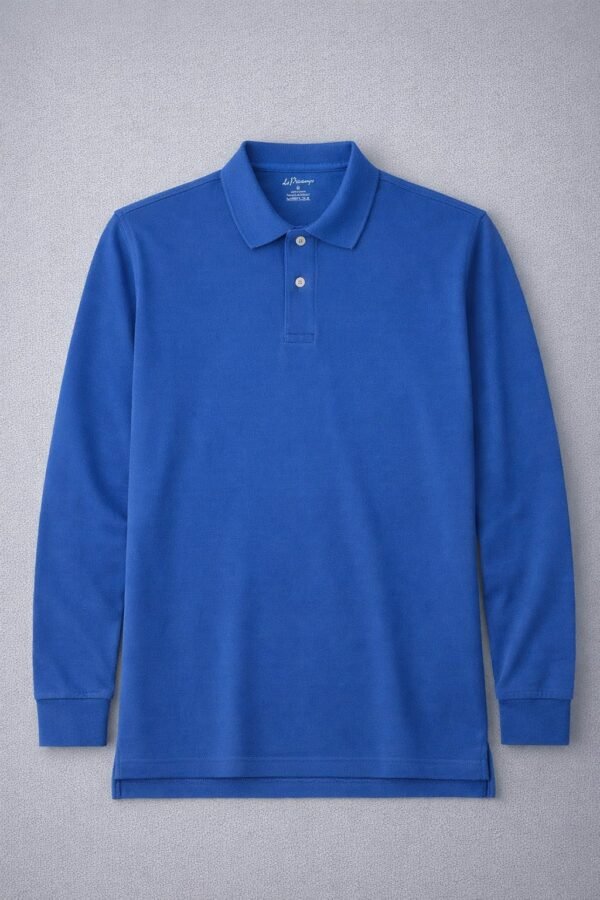 Blue long sleeve polo shirt with collar and two-button placket