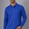 Blue long sleeve polo shirt with collar and two-button placket