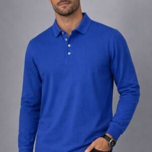 Blue long sleeve polo shirt with collar and two-button placket