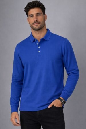 Blue long sleeve polo shirt with collar and two-button placket