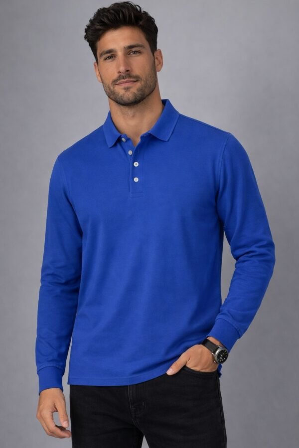 Blue long sleeve polo shirt with collar and two-button placket