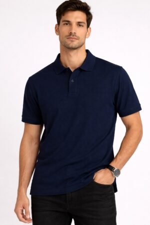 Man wearing a dark navy blue short sleeve polo shirt with classic collar and button placket