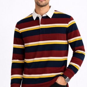 Men’s Maroon & Navy Striped Long Sleeve Polo Shirt