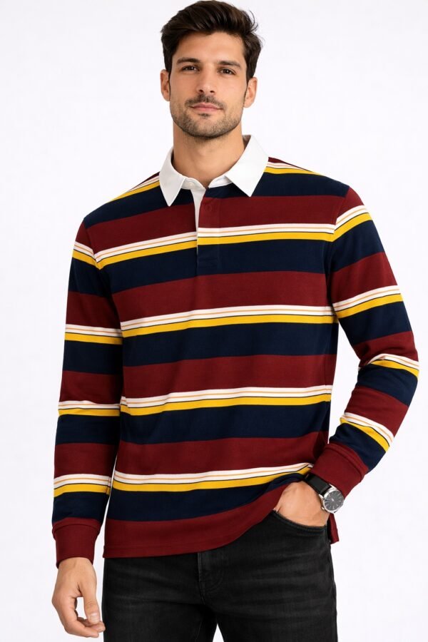 Men’s Maroon & Navy Striped Long Sleeve Polo Shirt
