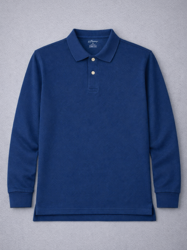 Blue long-sleeve polo shirt with a classic collar and button placket on a plain background