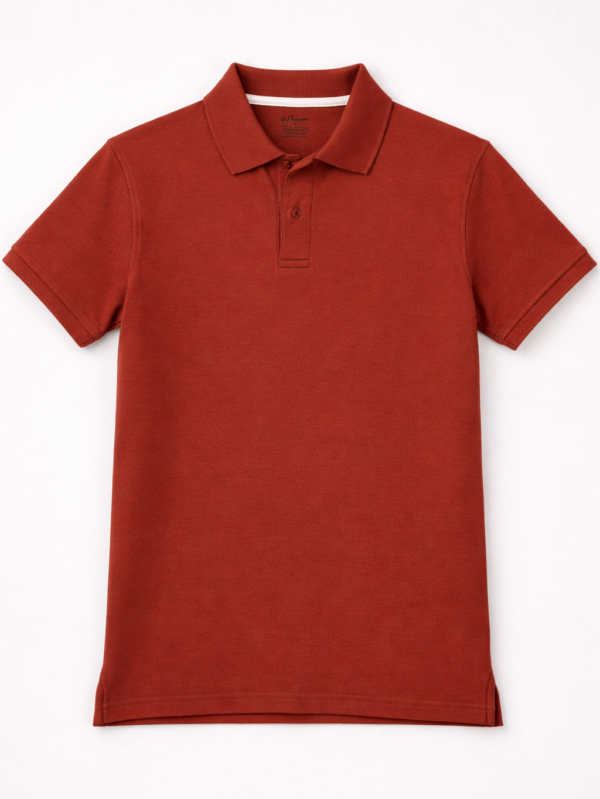 Red short-sleeve polo shirt with a classic collar and button placket, plain design on a clean background