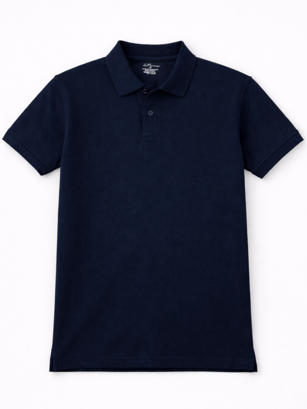 Men’s plain navy blue short sleeve polo shirt with classic collar and button placket