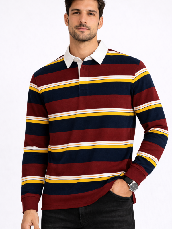 Men’s long sleeve striped polo shirt in maroon, navy blue, yellow, and white with classic collar